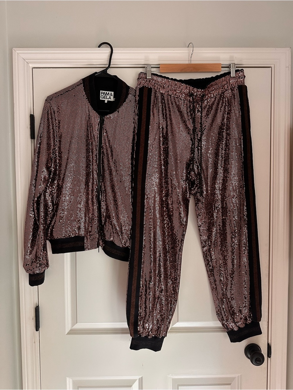 #187 PAM & GELA Rose Gold Sequin Track Jacket & Joggers Set L